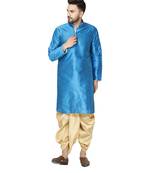 Turquoise plain art dupion silk dhoti-kurta