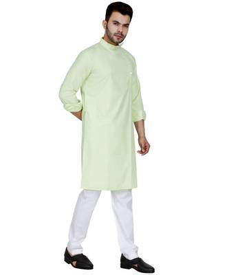 Green plain Cotton kurta pajama 3