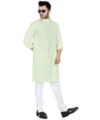 Green plain Cotton kurta pajama 6