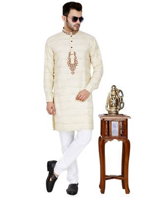 Beige plain Cotton kurta pajama 1