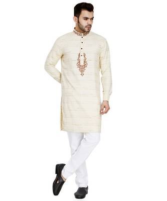 Beige plain Cotton kurta pajama 2