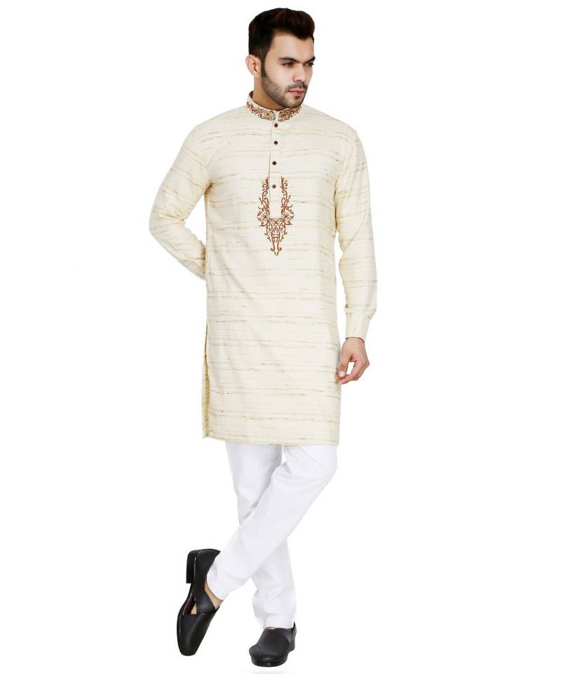 Beige plain Cotton kurta pajama