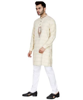 Beige plain Cotton kurta pajama 3