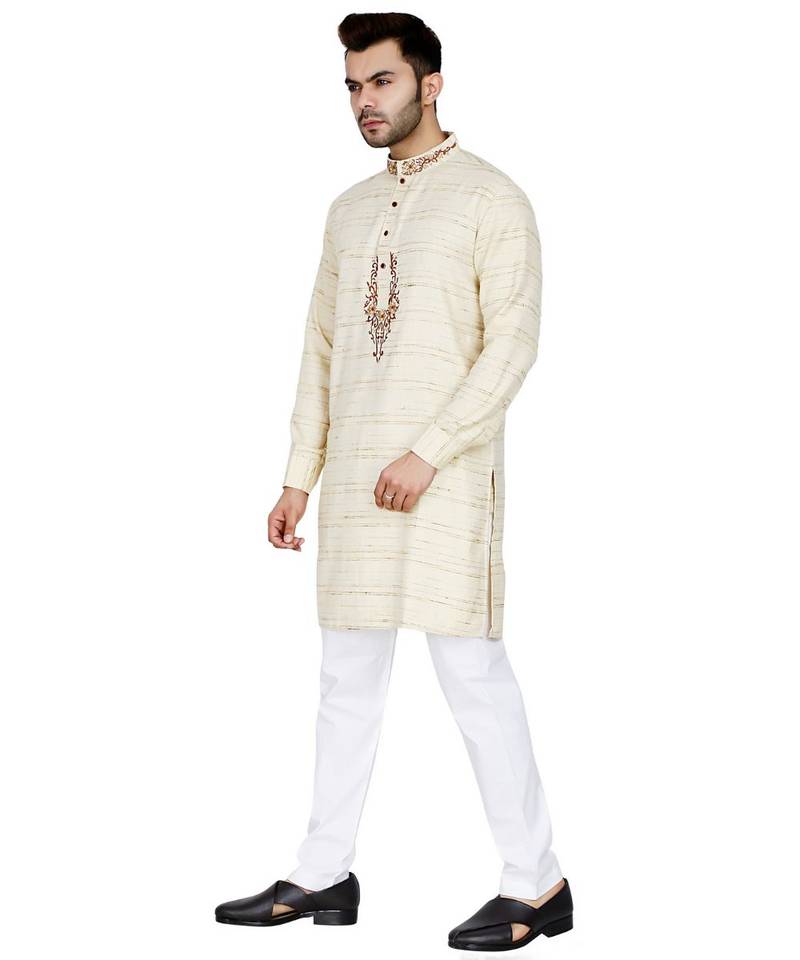 Beige plain Cotton kurta pajama