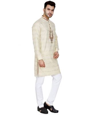 Beige plain Cotton kurta pajama 4