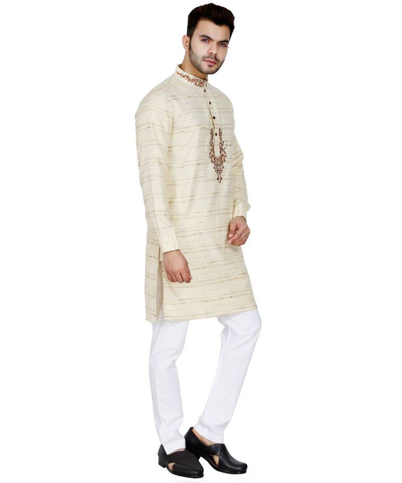 Beige plain Cotton kurta pajama