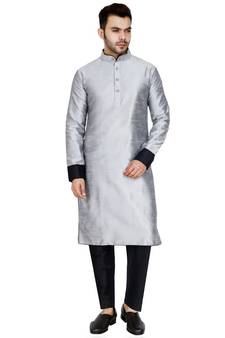 Silver plain art silk kurta pajama