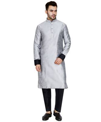 Silver plain art silk kurta pajama 1