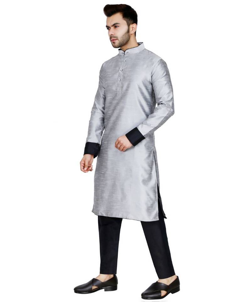 Silver plain art silk kurta pajama