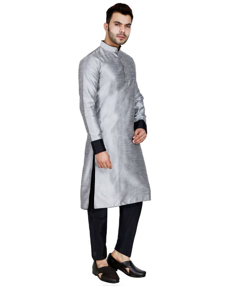 Silver plain art silk kurta pajama