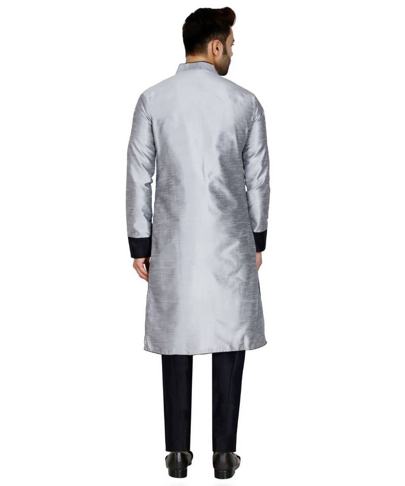 Silver plain art silk kurta pajama