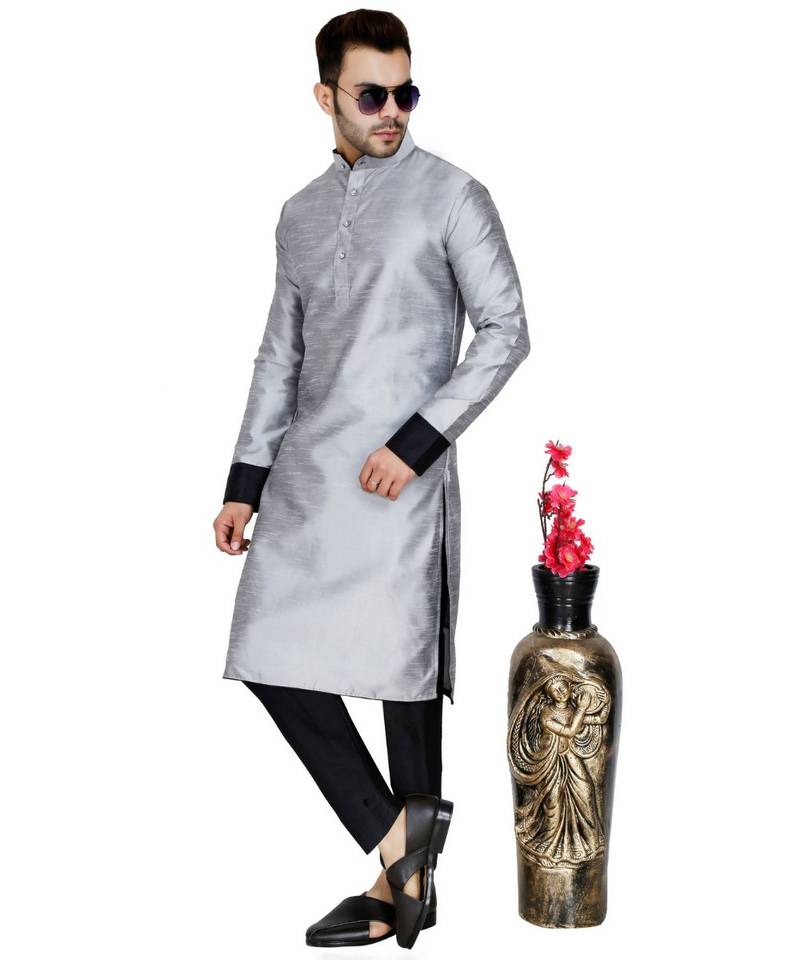 Silver plain art silk kurta pajama