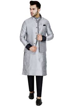 Silver plain art silk kurta pajama