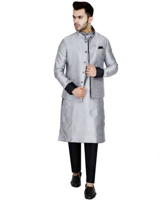 Silver plain art silk kurta pajama 1