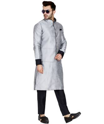 Silver plain art silk kurta pajama 2
