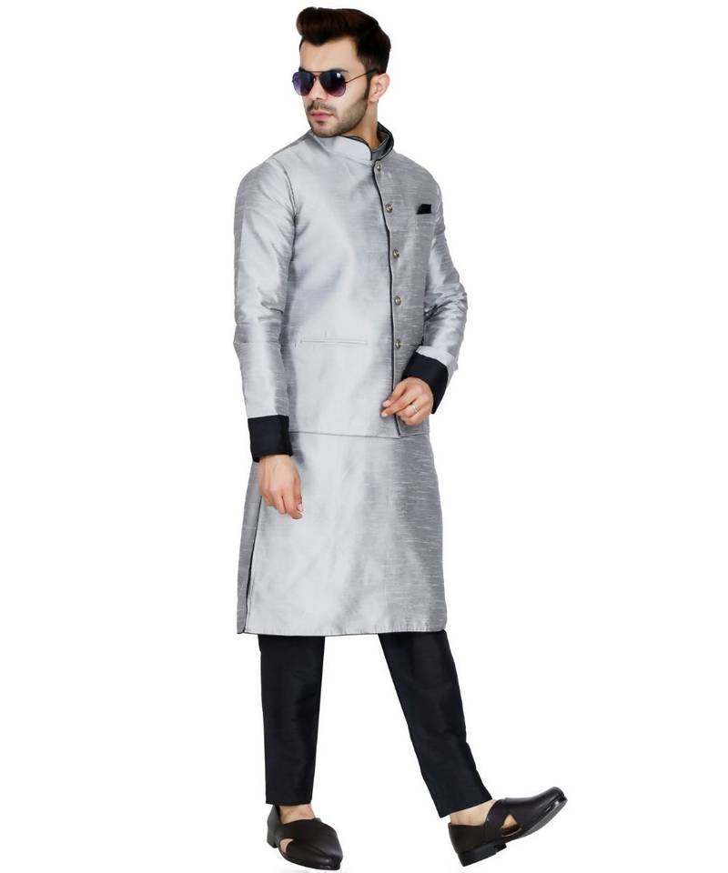 Silver plain art silk kurta pajama