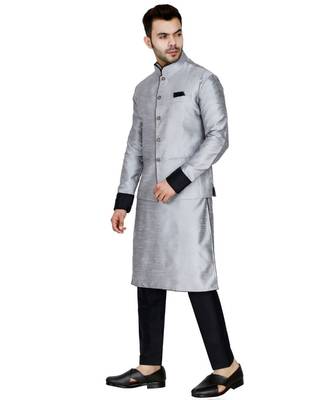 Silver plain art silk kurta pajama 3