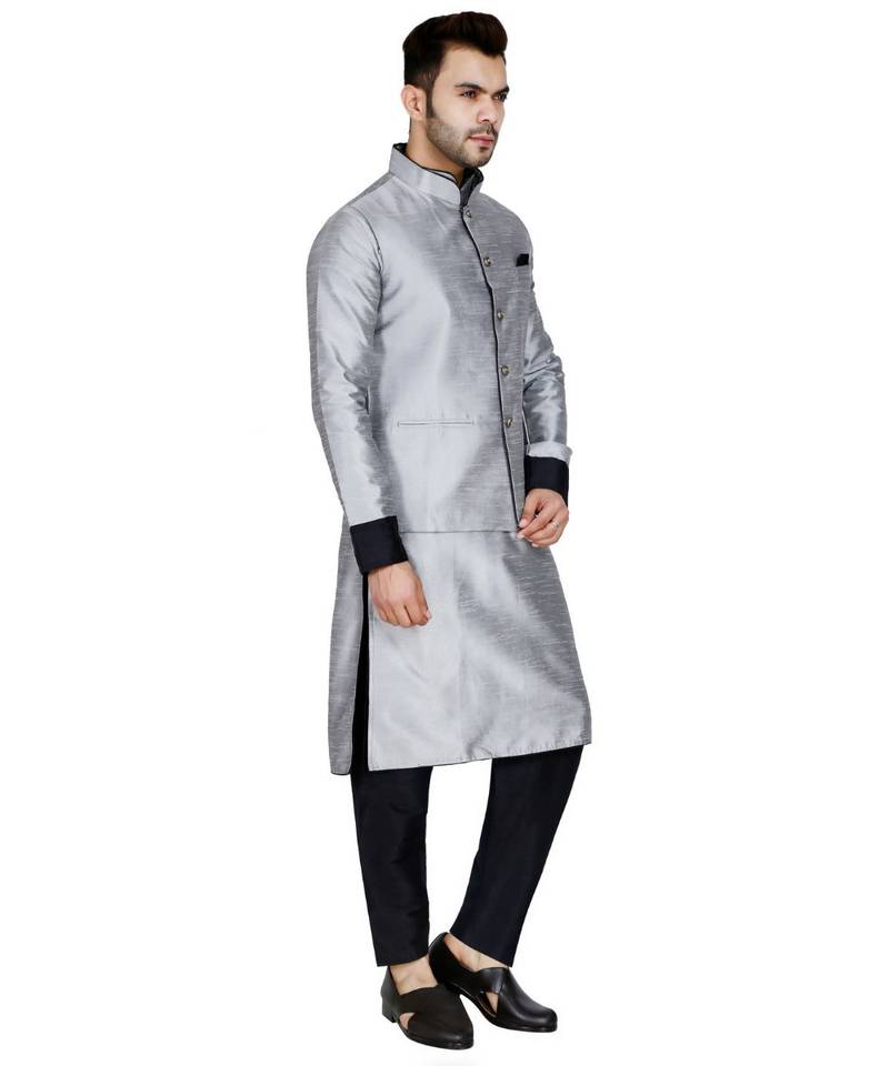 Silver plain art silk kurta pajama