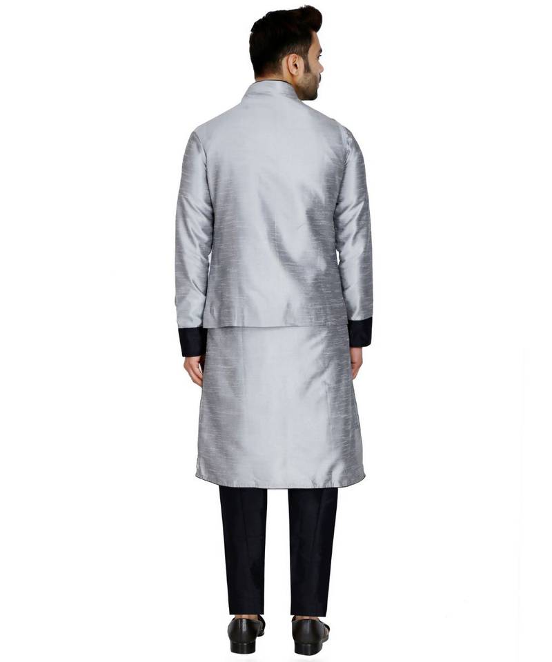 Silver plain art silk kurta pajama