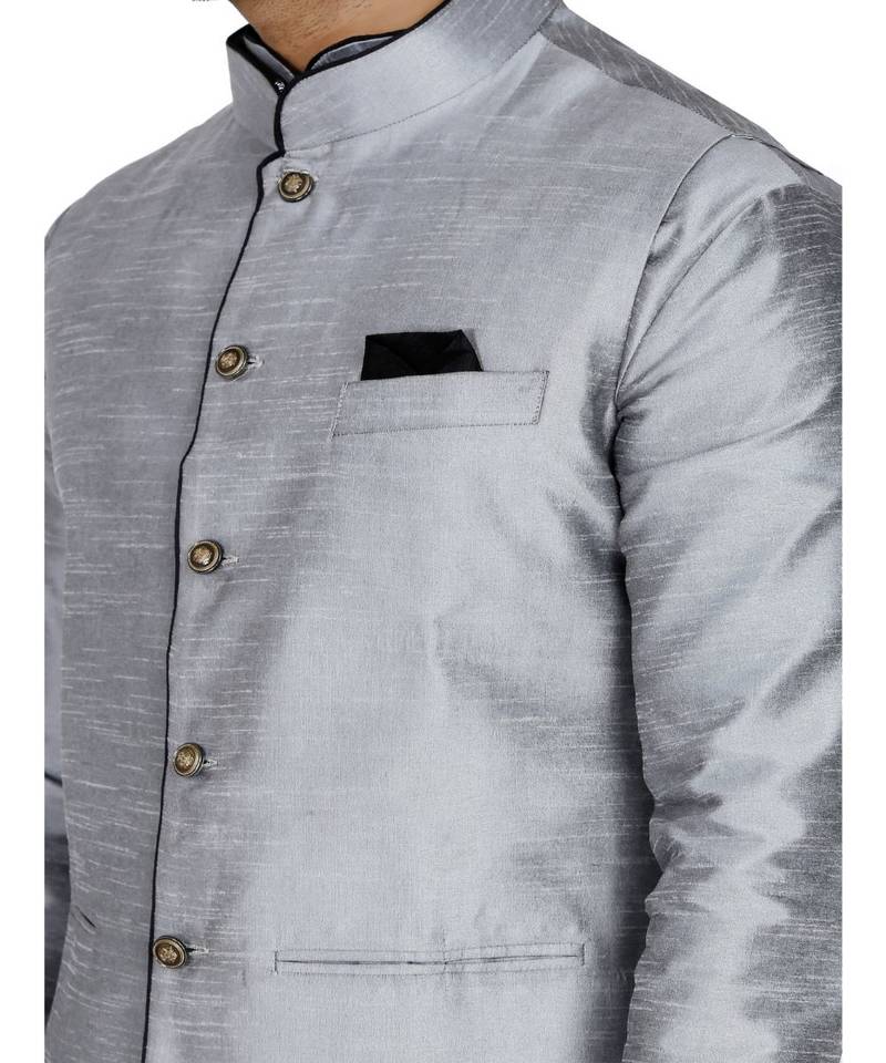 Silver plain art silk kurta pajama