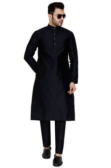 Black plain art silk kurta pajama