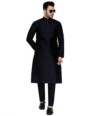 Black plain art silk kurta pajama 1