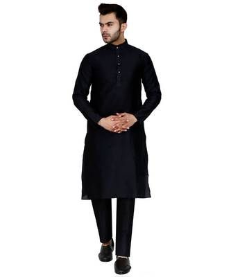 Black plain art silk kurta pajama 2
