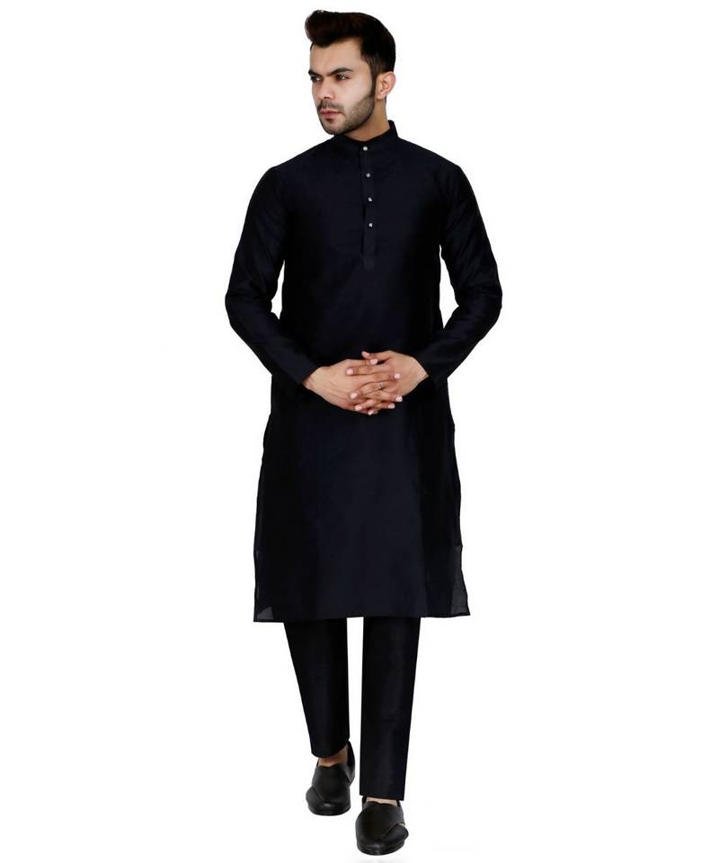 Black plain art silk kurta pajama