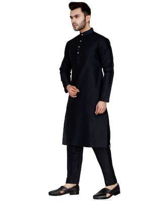 Black plain art silk kurta pajama 3