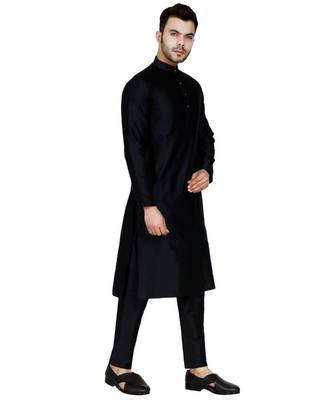 Black plain art silk kurta pajama 4