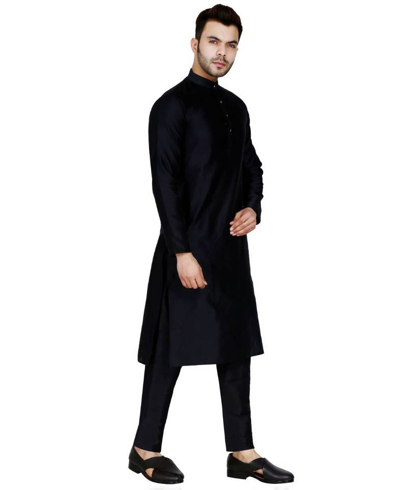 Black plain art silk kurta pajama
