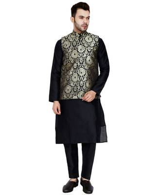 Black plain art silk kurta pajama 1