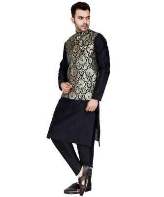 Black plain art silk kurta pajama 2