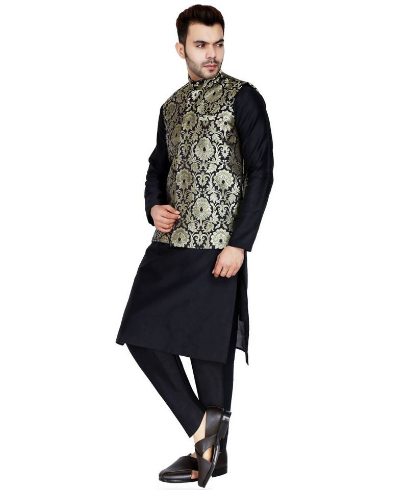 Black plain art silk kurta pajama