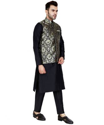 Black plain art silk kurta pajama 3