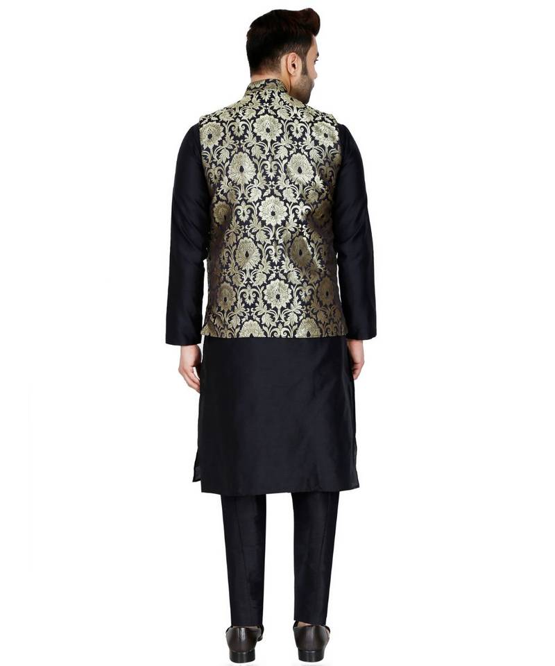 Black plain art silk kurta pajama