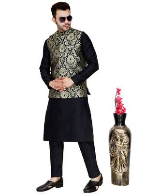 Black plain art silk kurta pajama 6