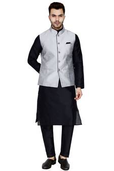 Black plain art silk kurta pajama