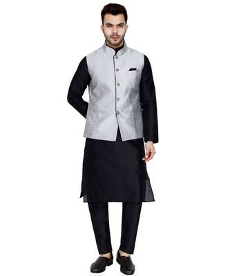 Black plain art silk kurta pajama 1