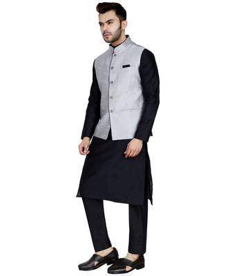 Black plain art silk kurta pajama 2