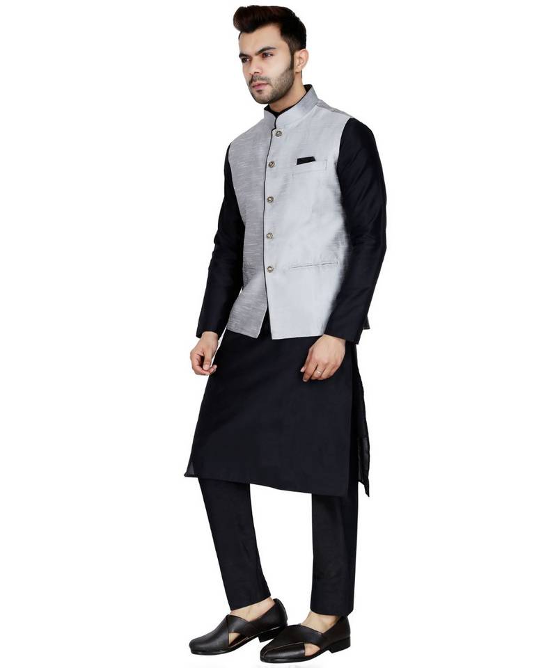 Black plain art silk kurta pajama