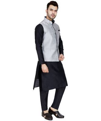 Black plain art silk kurta pajama 3