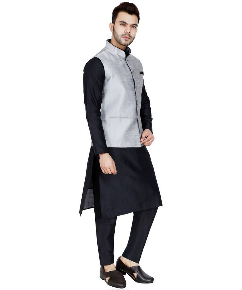 Black plain art silk kurta pajama