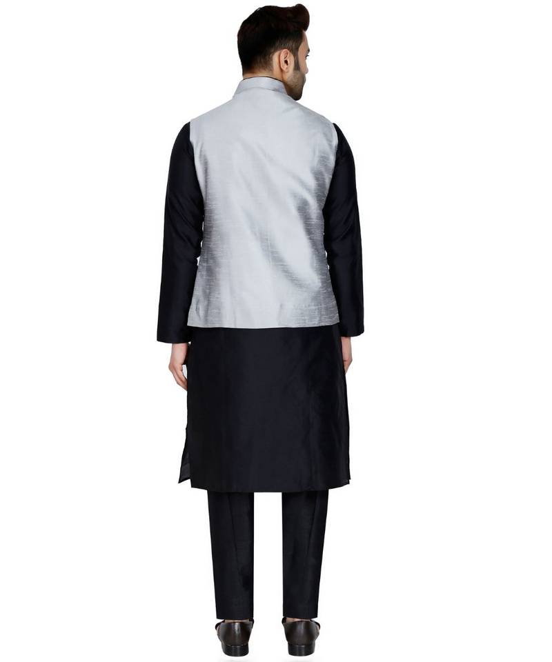 Black plain art silk kurta pajama