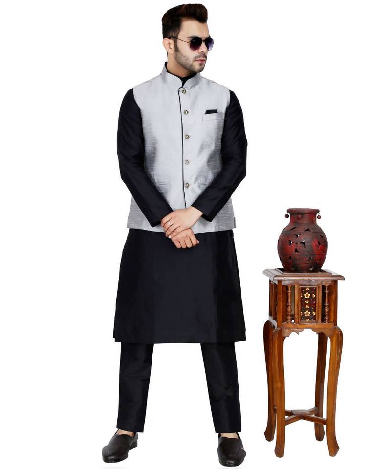 Black plain art silk kurta pajama