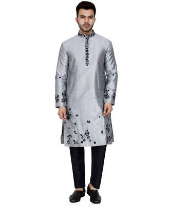 Silver plain art silk kurta pajama 1
