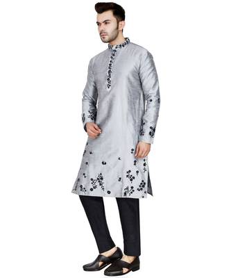 Silver plain art silk kurta pajama 2