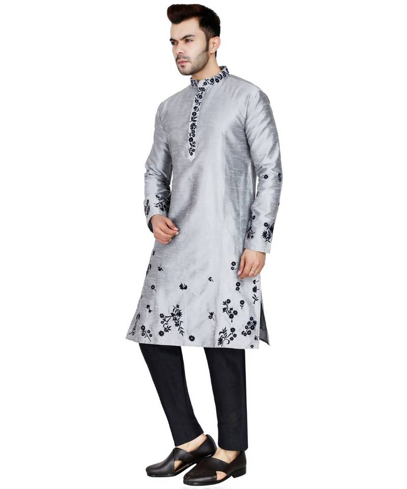 Silver plain art silk kurta pajama