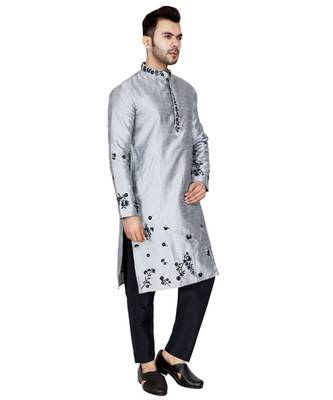 Silver plain art silk kurta pajama 3