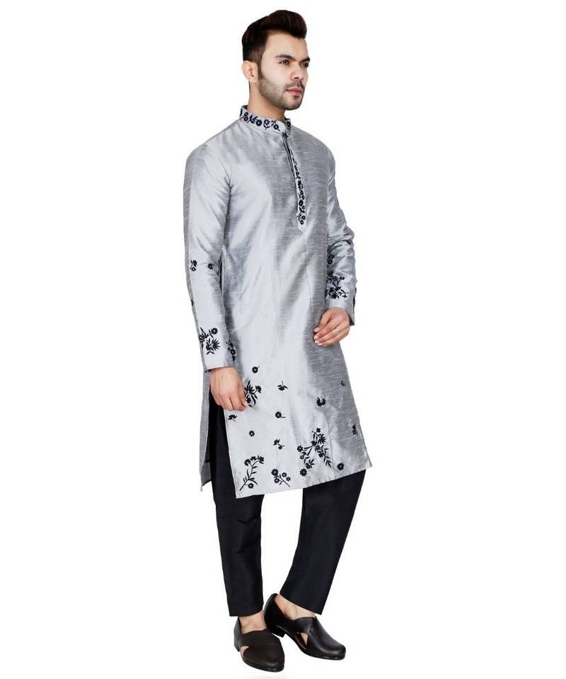 Silver plain art silk kurta pajama